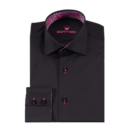 Bertigo // Terry Solid Button-Up Shirt + Floral Trim // Black (L)