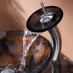 Kraus Pluto Glass Vessel Sink + Waterfall Faucet (Chrome)