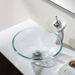 Crystal Clear Glass Vessel Sink + Waterfall Faucet (Chrome)