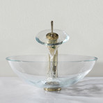 Crystal Clear Glass Vessel Sink + Waterfall Faucet (Chrome)