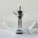 Crystal Clear Glass Vessel Sink + Waterfall Faucet (Chrome)