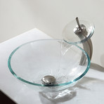 Crystal Clear Glass Vessel Sink + Waterfall Faucet (Chrome)