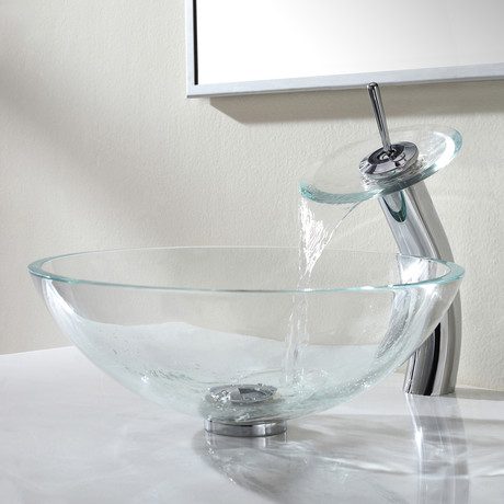 Crystal Clear Glass Vessel Sink + Waterfall Faucet (Chrome)