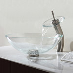 Crystal Clear Glass Vessel Sink + Waterfall Faucet (Chrome)