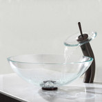 Crystal Clear Glass Vessel Sink + Waterfall Faucet (Chrome)