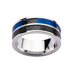 Stainless Steel Carbon Fiber Checker Inlay Ring // Blue + Black (Size: 11)