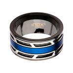 Stainless Steel + Carbon Fiber Inlayed Ring // Blue + Black (Size 9)