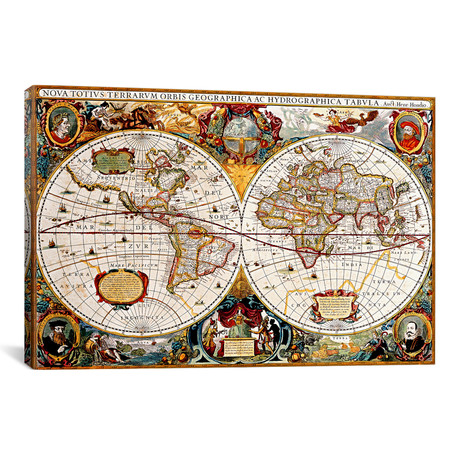 Antique Double Hemisphere Map Of The World (26"W x 18"H x 0.75"D)