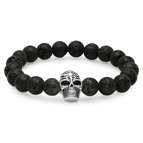 Skull Lava Beaded Bracelet // Black + Silver