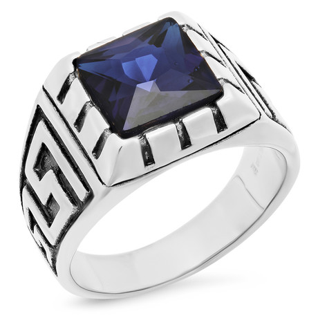 Greek Key Accented Ring // Silver + Blue (Size 9)