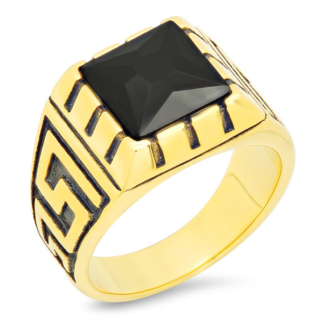 Greek Key Accented Ring // Black + Gold (Size 9)