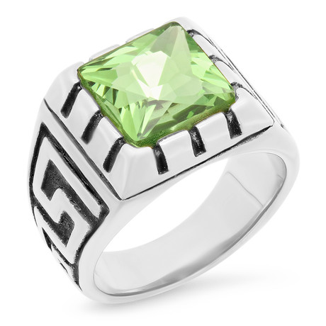 Greek Key Accented Ring // Silver + Green (Size 9)