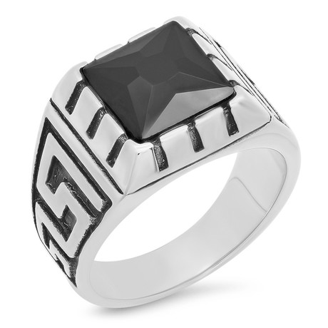 Greek Key Accented Ring // Black + Silver (Size 9)