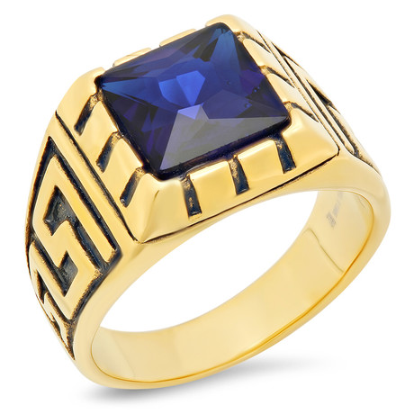 Greek Key Accented Ring // Gold + Blue (Size 9)