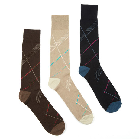 Diagional Stripe Sock // Black + Brown + Khaki // Set of 3