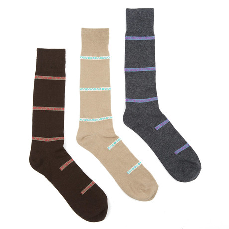 Varied Stripe Sock // Charcoal + Brown + Khaki // Set of 3