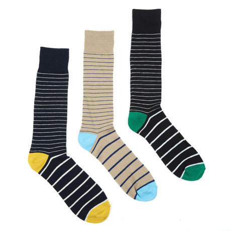 Small Stripe Sock // Black + Navy + Khaki // Set of 3