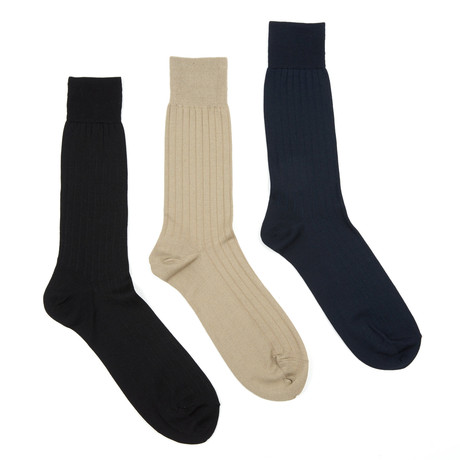 Mercerized Cotton Rib Sock // Black + Navy + Khaki // Set of 3