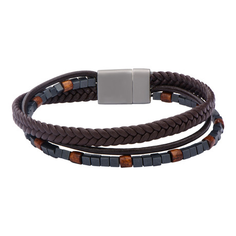 Leather + Stone Beads Layered Bracelet // Brown