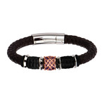 Brown Braided Leather Bracelet // Brown + Steel Bead