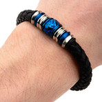 Textured Bead Braided Leather Bracelet (Black + Blue + Steel)