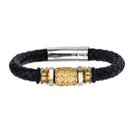 Textured Bead Braided Leather Bracelet (Black + Blue + Steel)