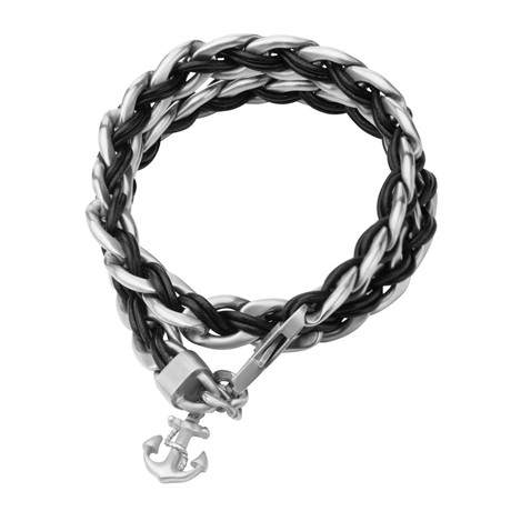 Leather Thread + Anchor Charm Bracelet (Silver + Black)