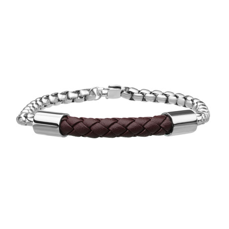 Braided Leather Bracelet // Double Rolo Chain (Brown)