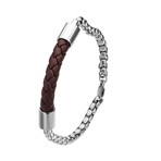 Braided Leather Bracelet // Double Rolo Chain (Brown)