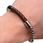 Braided Leather Bracelet // Double Rolo Chain (Brown)