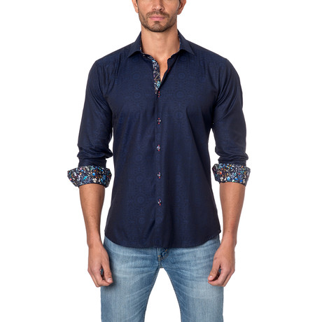 Jared Lang // Shadow Jacquard Button-Up Shirt // Navy (S)