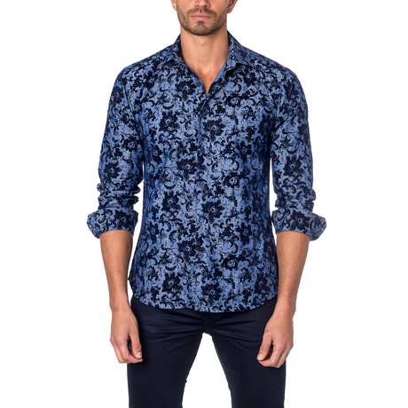 Painted Flower Button-Up Shirt // Blue (S)