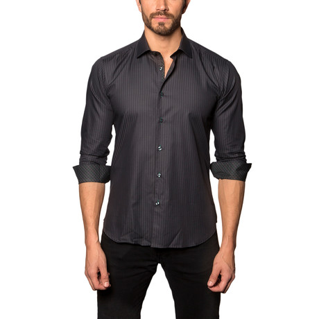 Texture Stripe Button-Up Shirt // Black + Green (S)