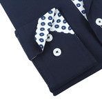 Brio Milano // Solid Button-Up + Floral Trim // Navy (L)