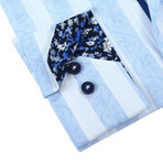 Classic Button-Up + Floral Trim // Blue + White Stripe (XL)