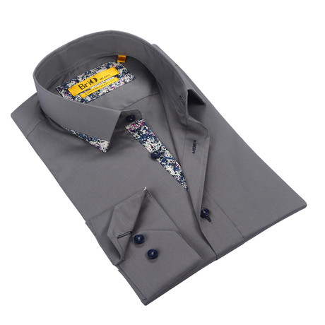 Solid Button-Up + Floral Trim // Grey + Navy (S)
