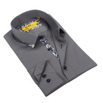 Solid Button-Up + Floral Trim // Grey + Navy (L)