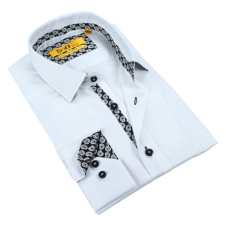 Solid Button-Up + Paisley Trim // White + Black (S)