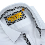 Solid Button-Up + Paisley Trim // White + Black (S)