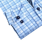 Plaid Button-Up + Paisley Trim // Light Blue, Navy (L)