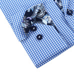 Plaid Button-Up + Paisley Trim // Blue + White + Navy (S)