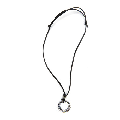 Ring Pendant Leather Necklace // Black + Silver