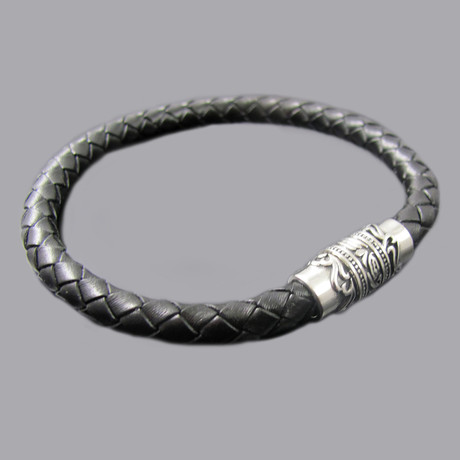 Leather Stainless Steel Celtic Design Bracelet (Black)