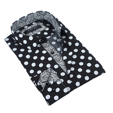 Button-Up + Paisley Trim // Black + White Dot (S)