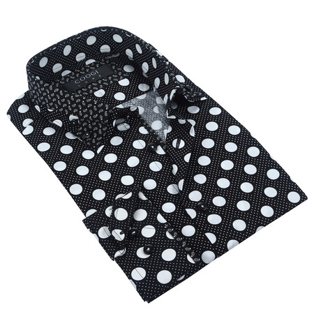 Button-Up + Mini Paisley Trim // Black + White Dot (S)