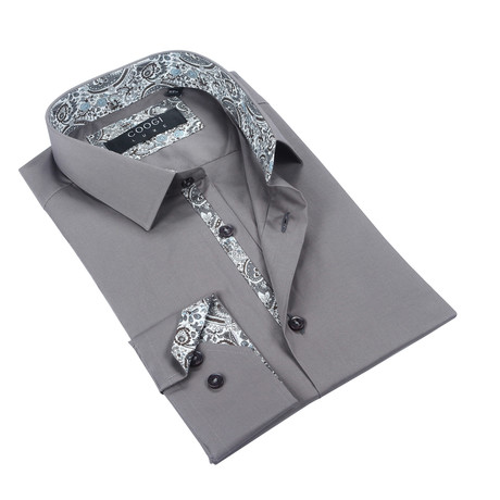 Solid Button-Up + Paisley Trim // Grey (M)