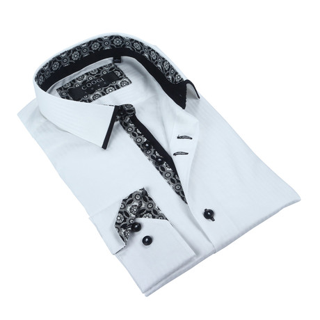 Solid Button-Up + Floral Trim // White + Black (S)