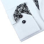 Solid Button-Up + Floral Trim // White + Black (M)