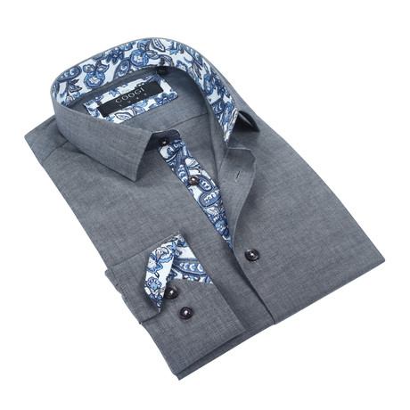 Solid Paisley Trim Button-Up // Grey + Blue (S)