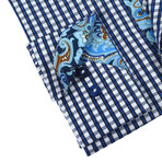 Plaid Paisley Trim Button-Up // Navy + White (L)